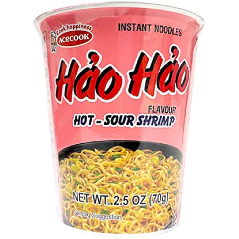 ACECOOK Hao Hao Instant Noodles Cups Hot & Sour Shrimp Flavor (Mì Ly Tôm Chua Cay)