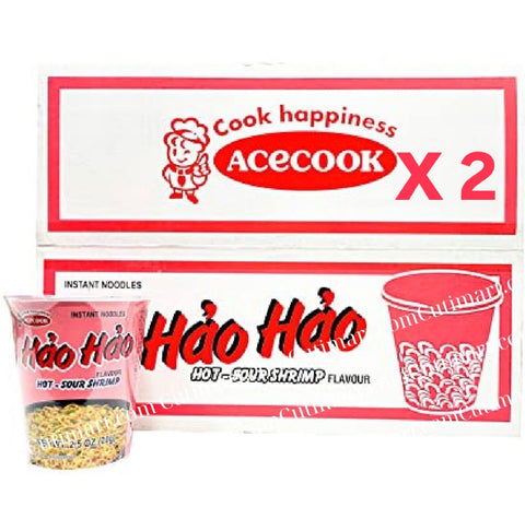 ACECOOK Hao Hao Instant Noodles Cups Hot & Sour Shrimp Flavor (Mì Ly Tôm Chua Cay) 12 Cups - 2.3 Oz