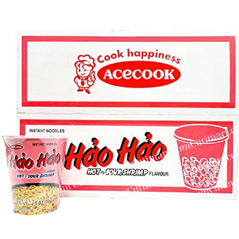 ACECOOK Hao Hao Instant Noodles Cups Hot & Sour Shrimp Flavor (Mì Ly Tôm Chua Cay)