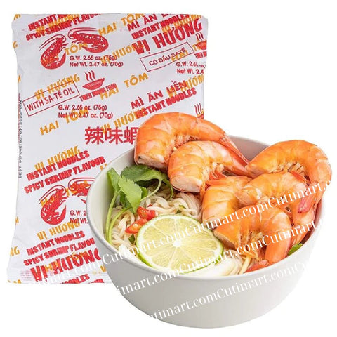 Vi Huong Two Shrimp Instant Noodles - With Satay Oil Flavor (Mì Vị Hương Tôm Sa Tế) - Pack 10