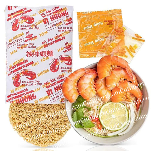 Vi Huong Two Shrimp Instant Noodles - With Satay Oil Flavor (Mì Vị Hương Tôm Sa Tế) - Pack 10