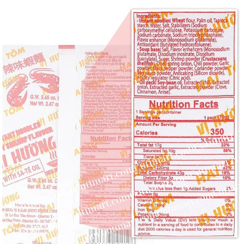 Vi Huong Two Shrimp Instant Noodles - With Satay Oil Flavor (Mì Vị Hương Tôm Sa Tế) - Pack 10