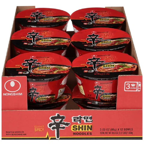 Nongshim Bowl Noodle Shin Ramyun Spicy Beef Ramen 3.03 oz - Pack 12