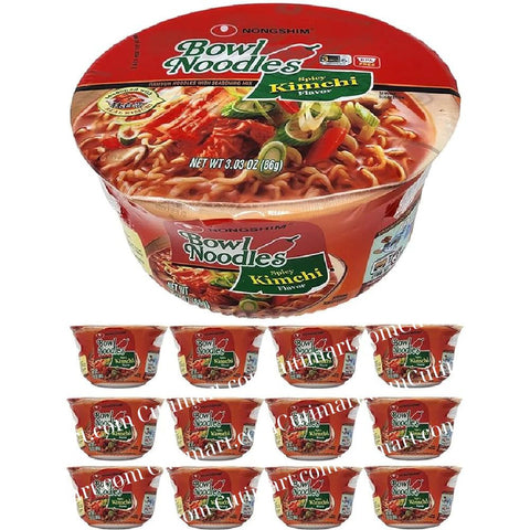 Nongshim Kimchi Instant Ramen Noodle Soup Bowl, 3.03 oz - Pack 12