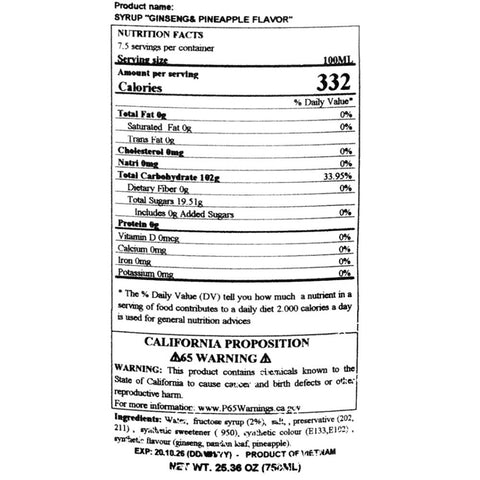 VinaSyrup Pandan Gingseng Syrup (Si Rô Hương Sâm Dứa) - 750ml