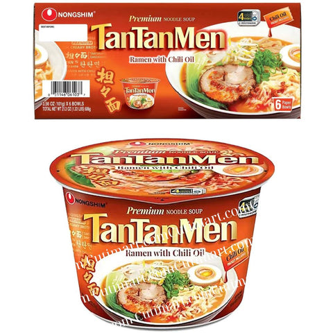 Nongshim Tantanmen Premium Noodle Soup Bowl, Ramen w/Chili Oil, 3.56 Oz - Pack 6