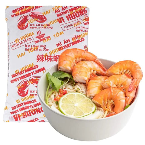 Vi Huong Two Shrimp Instant Noodles - With Satay Oil Flavor (Mì Vị Hương Tôm Sa Tế) - Pack 10