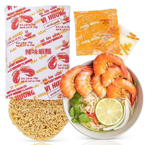 Vi Huong Two Shrimp Instant Noodles - With Satay Oil Flavor (Mì Vị Hương Tôm Sa Tế) - Pack 10