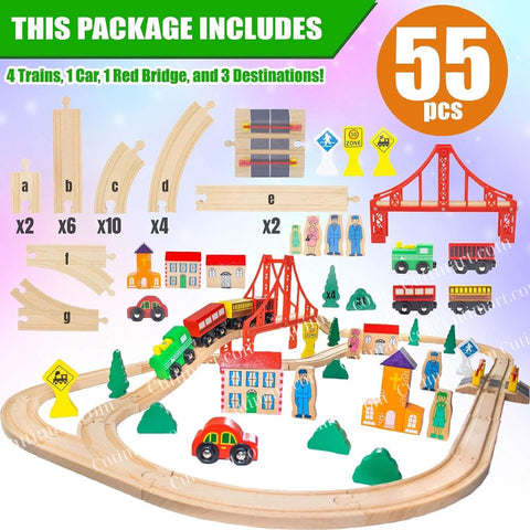 Wooden Train Tracks Full Set, Deluxe Set (Set Xe Lửa Bằng Gỗ) - 55 Pieces