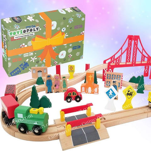 Wooden Train Tracks Full Set, Deluxe Set (Set Xe Lửa Bằng Gỗ) - 55 Pieces